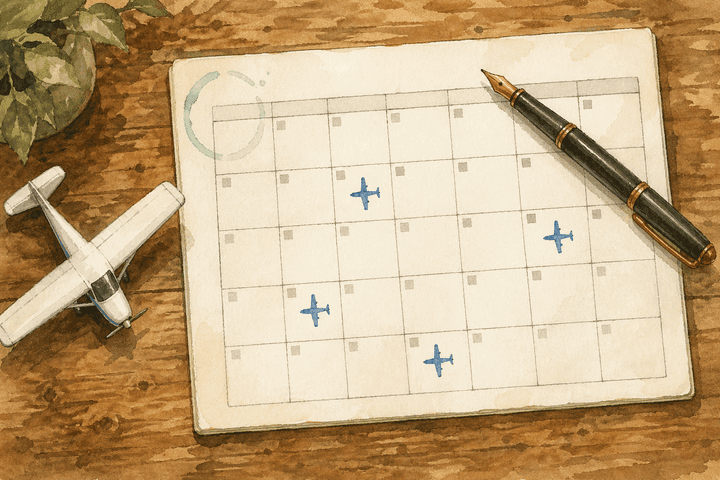 Akvarell ovenfra av en papirkalender med små flytegninger på enkelte datoer, en penn og en liten flymodell på et tre-skrivebord