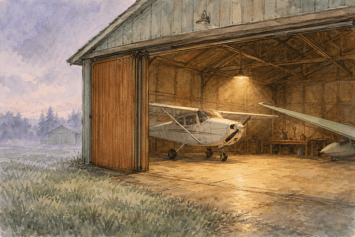 Akvarell av en åpen hangar i tidlig morgenlys med en hvit Cessna inne i lyset fra en arbeidslampe og en duggvåt gressmark utenfor