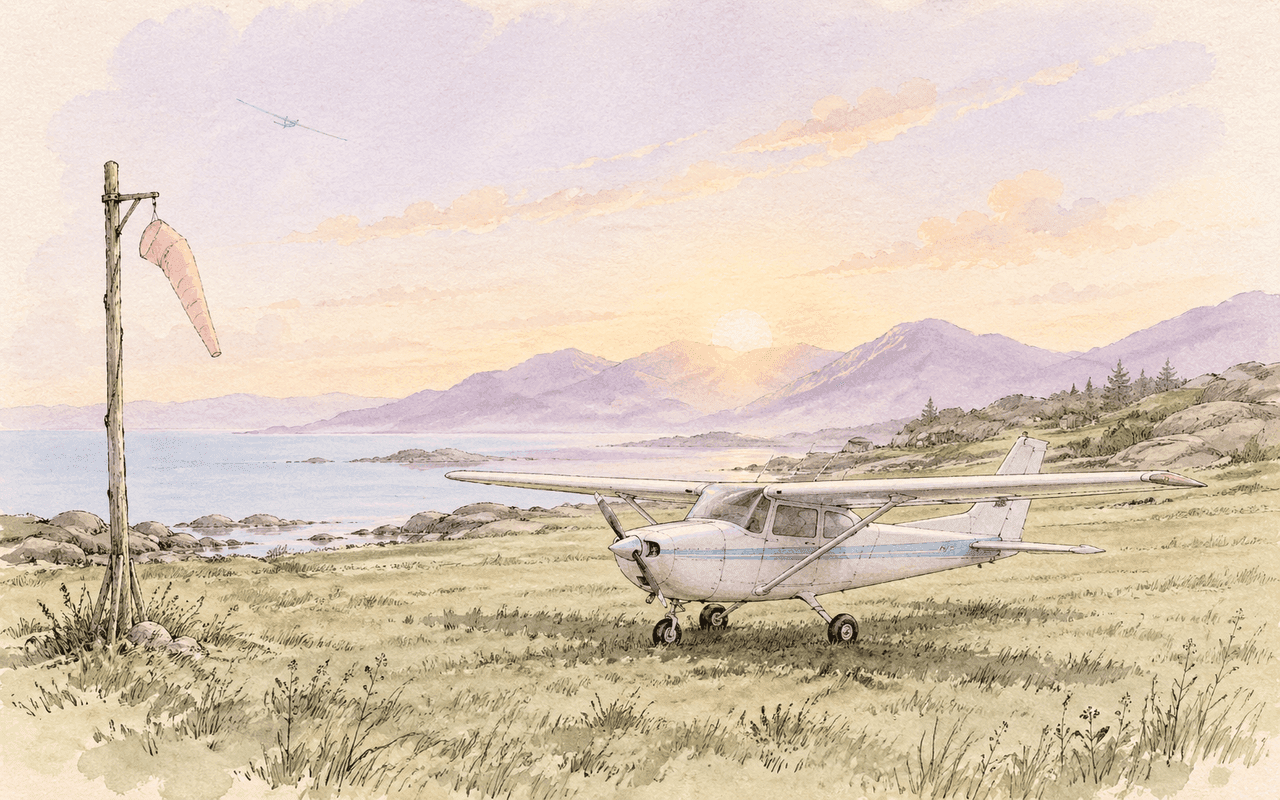 Akvarell av en liten Cessna parkert på en gressrullebane ved daggry, med fjord, fjell og en vindpølse-stang i forgrunnen