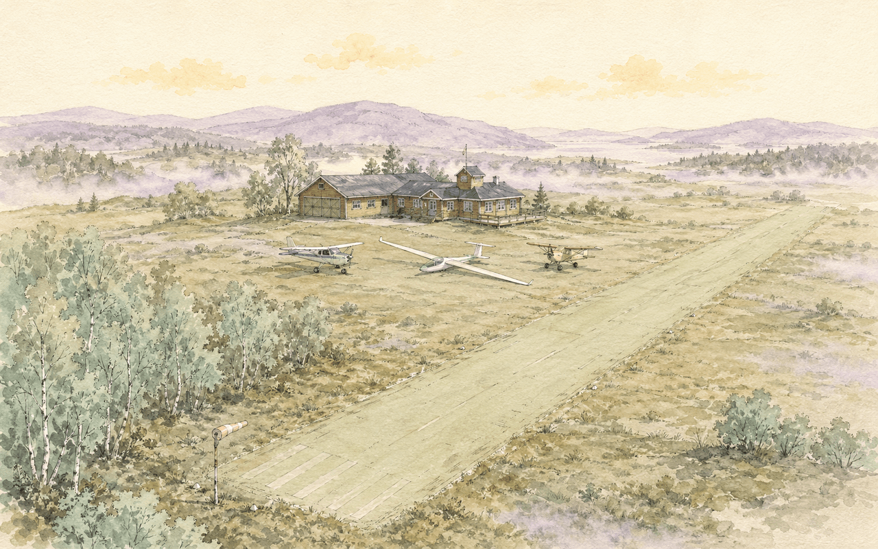 Akvarell sett ovenfra av en liten norsk flyklubb med blandet flåte: en Cessna, et seilfly og et mikrofly parkert ved en gressrullebane