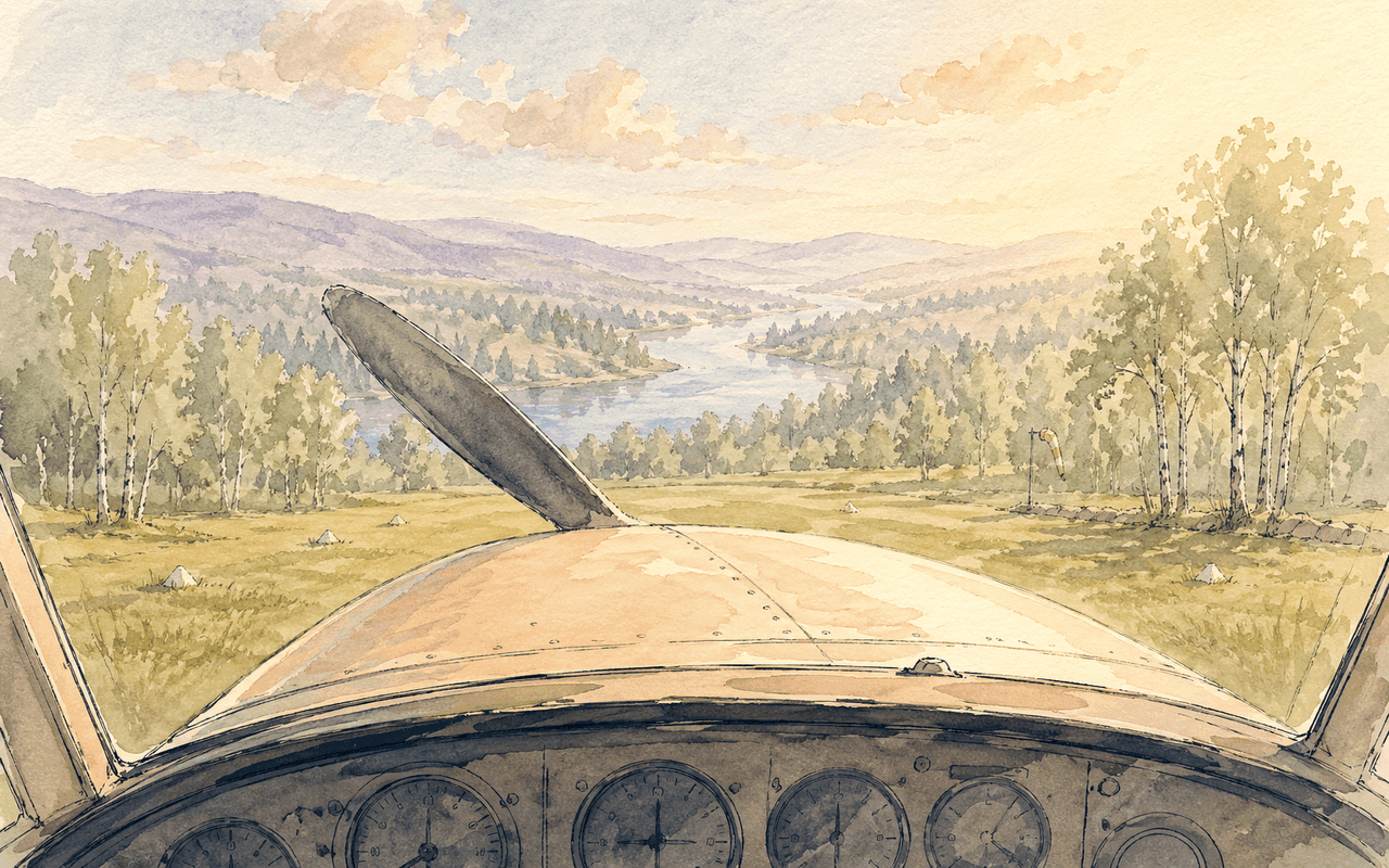 Akvarell av en pilots utsikt over motorpanseret og en propell, ut over en norsk dal med elv, bjørkeskog og fjell